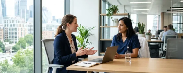 Un consultant RH discute avec un professionnel de santé dans un bureau lumineux lors d'un entretien de recrutement