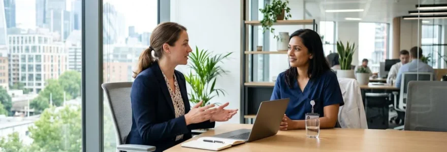 Un consultant RH discute avec un professionnel de santé dans un bureau lumineux lors d'un entretien de recrutement