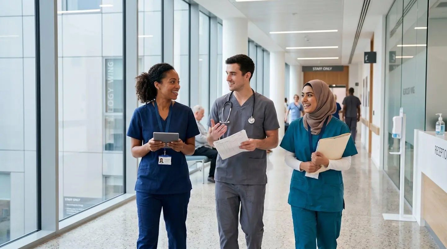Une équipe médicale composée d'un médecin, d'une infirmière et d'un aide-soignant échange dans le couloir d'un établissement de santé moderne