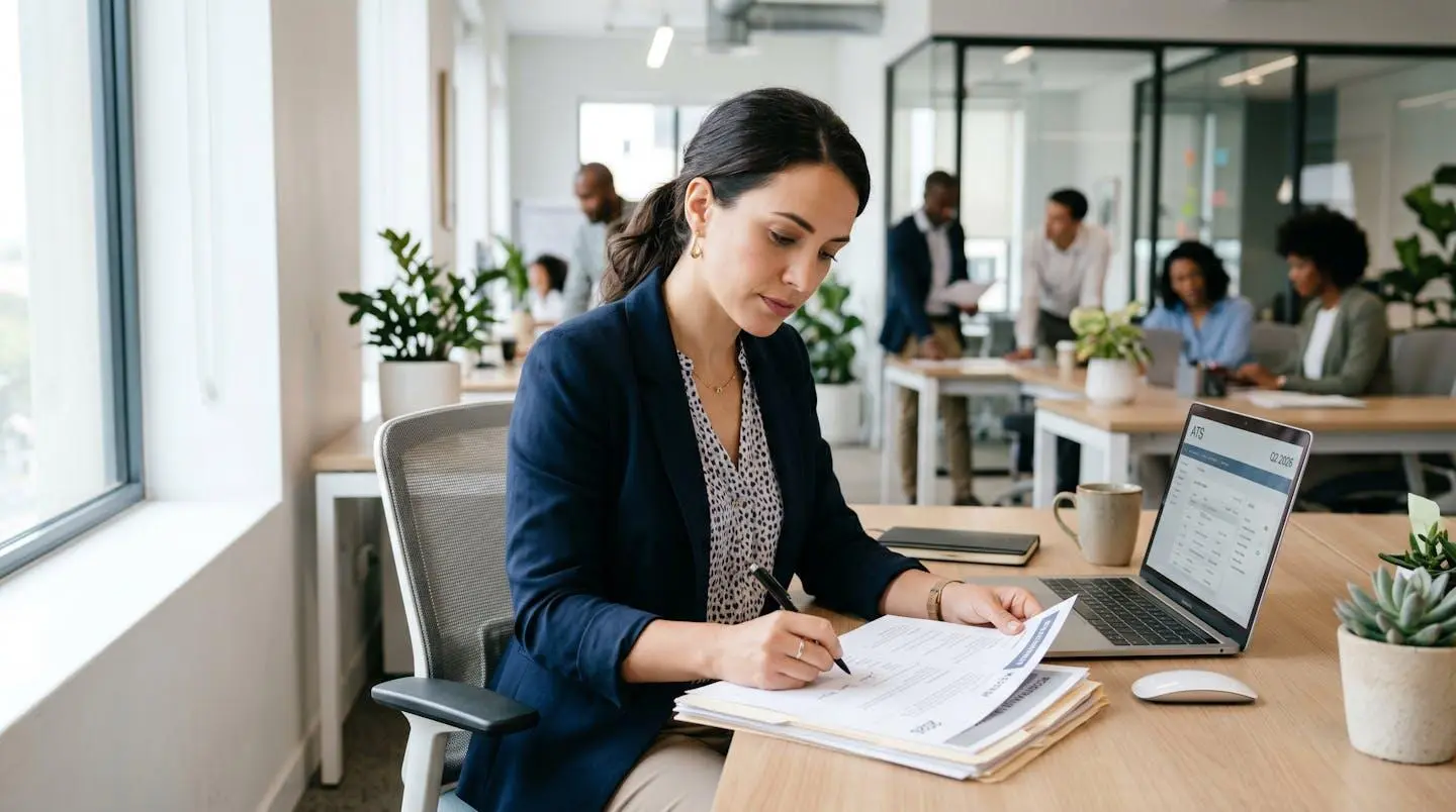 Une responsable RH examine attentivement des documents de recrutement sur son bureau dans un environnement de travail lumineux