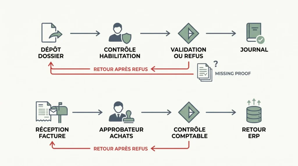 Schéma des étapes de validation et de refus pour un dossier RH et une facture achat